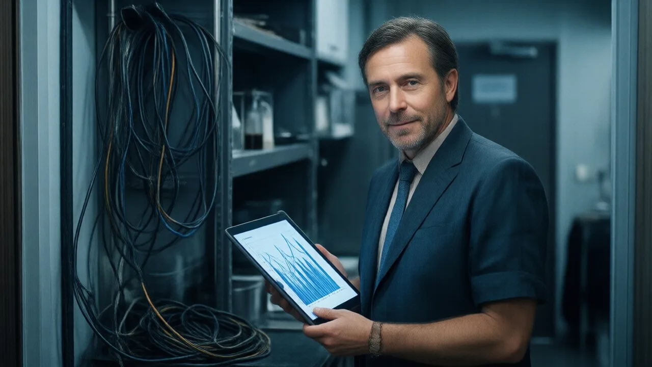 Restaurant manager holding a tablet with charts beside a small back-office equipment shelf with bundled cables