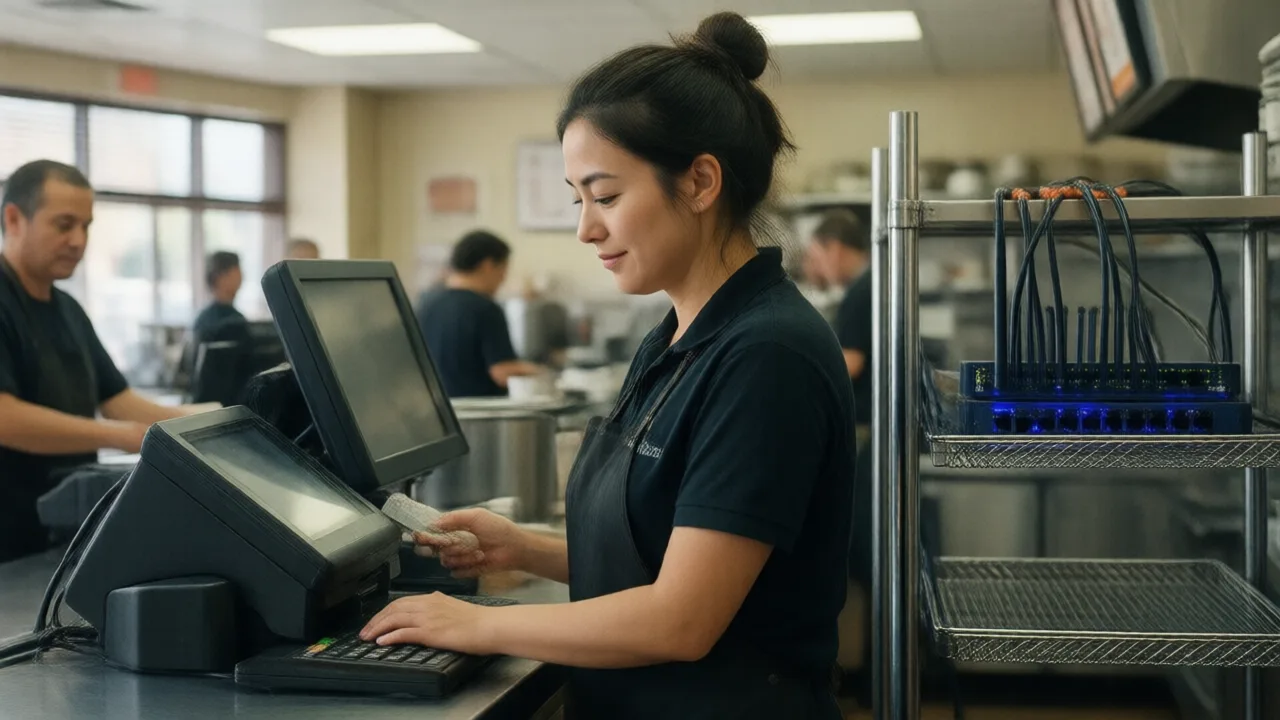 Cashier calmly ringing an order at a busy counter-service restaurant while a router sits dark on a nearby shelf