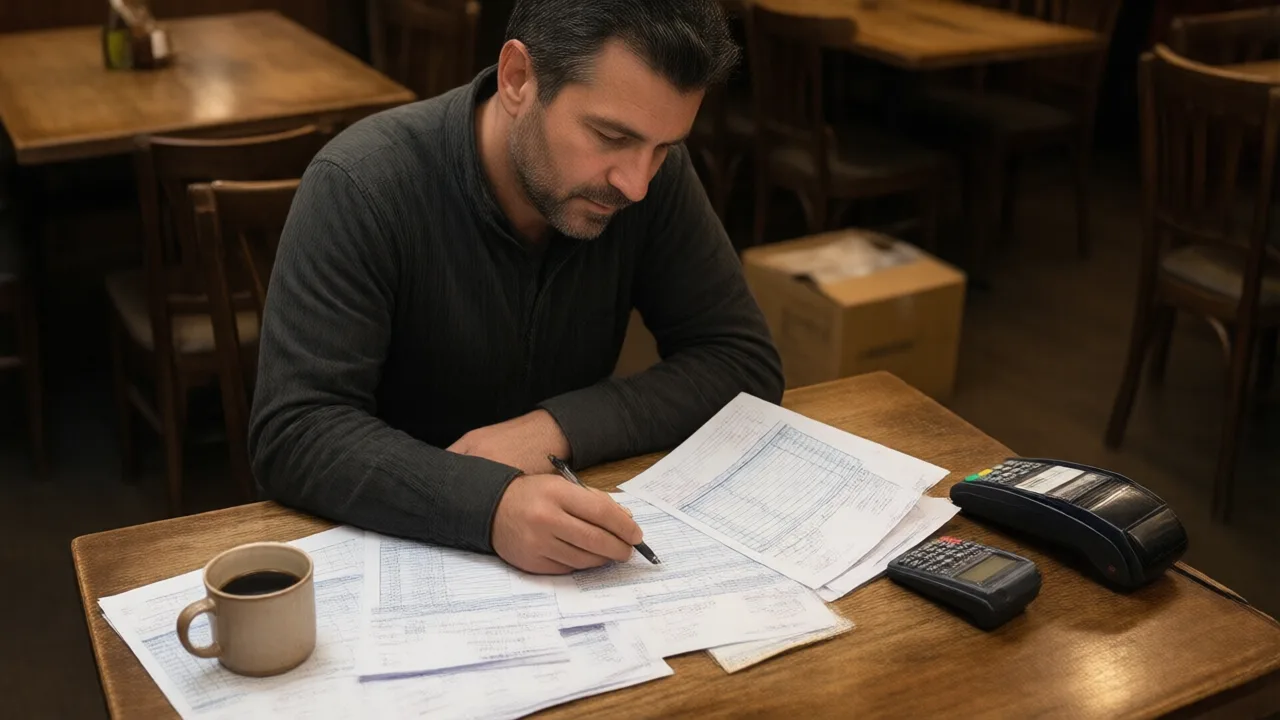 Restaurant owner reviewing printed invoices and spreadsheets with a calculator at a back office table