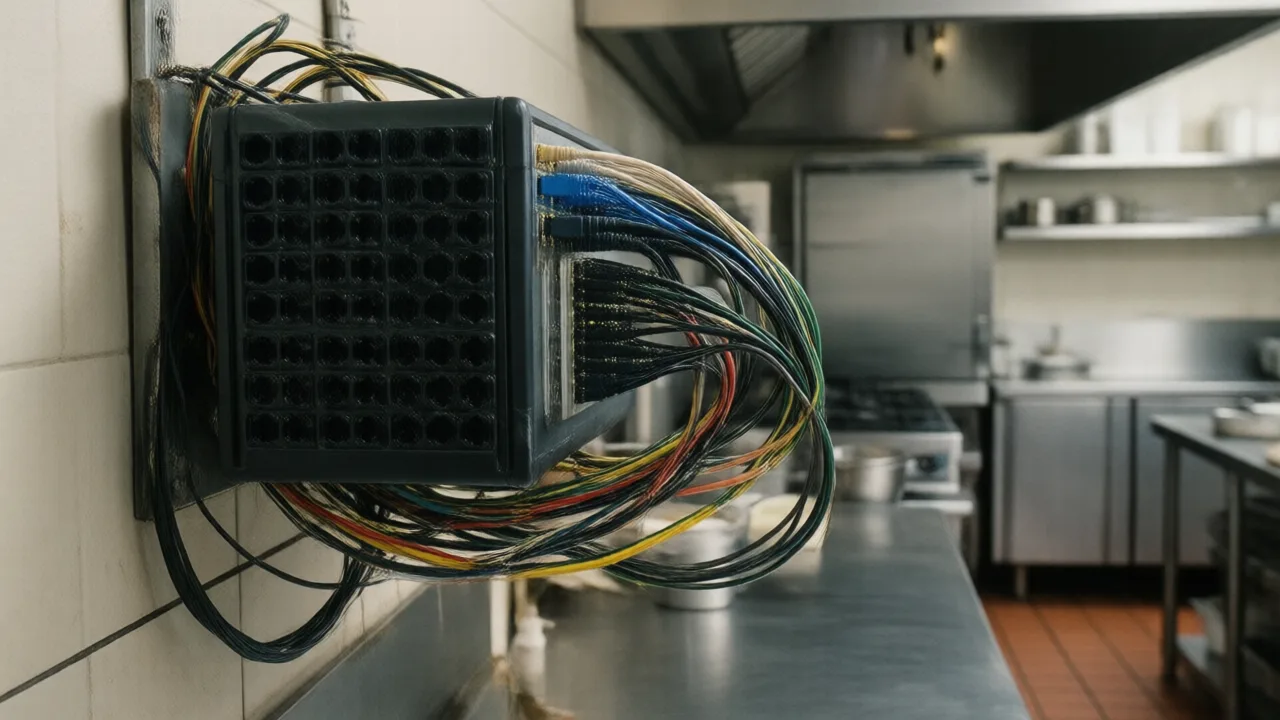 Network cabling, a small UPS battery unit and a router mounted on a restaurant back-of-house wall