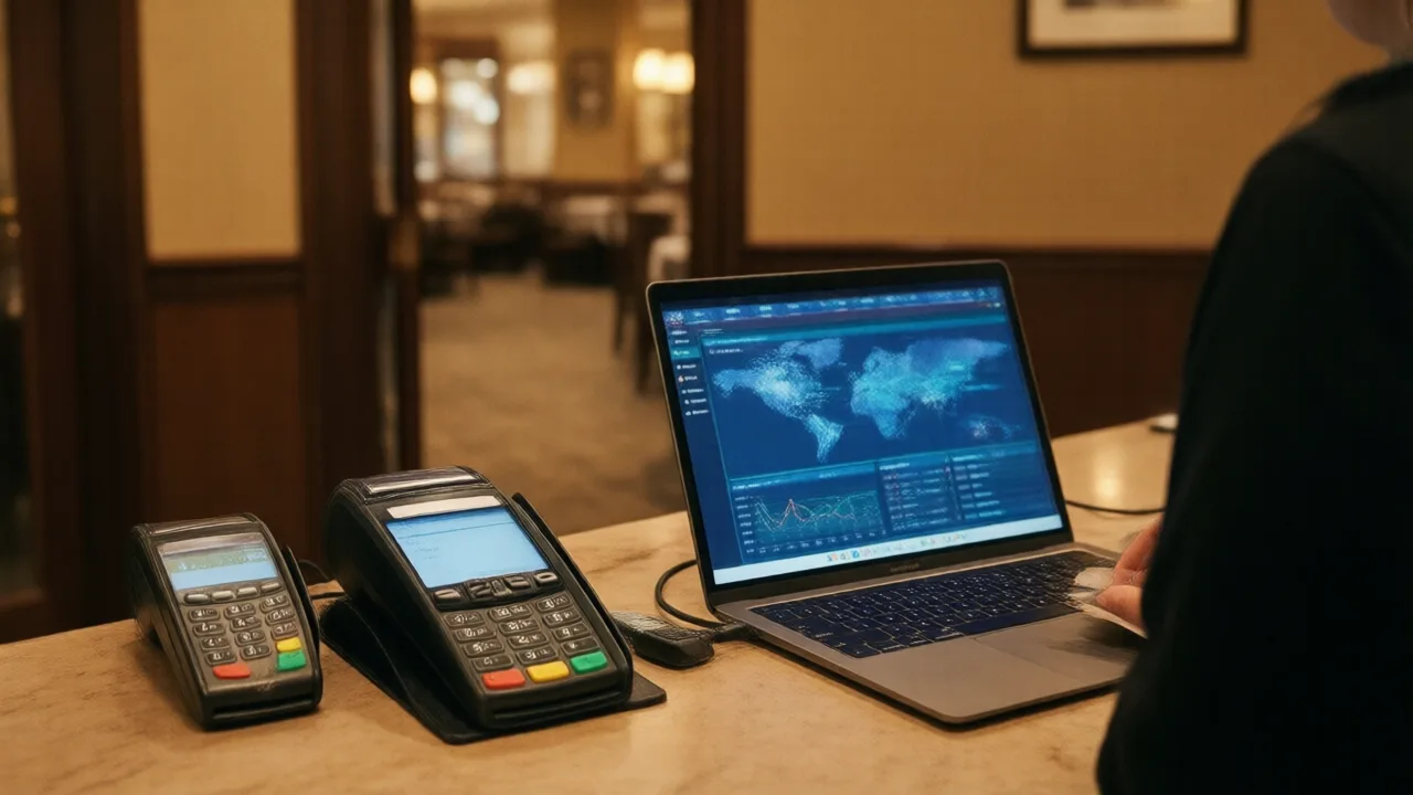 Restaurant back office desk with a POS terminal, laptop dashboard and countertop payment device